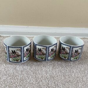 Vintage Japan Enesco Porcelain Hexagonal Birds Tea Cup Set Of 3